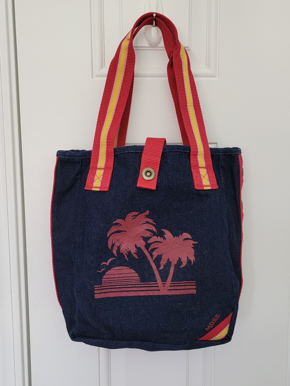 MOSS Denim Tote Retro Red Sunset Palms Snap Close Colorful Handles California